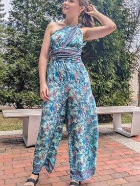 Floral MultiWay Wide-Leg Jumpsuit in Teal Blue